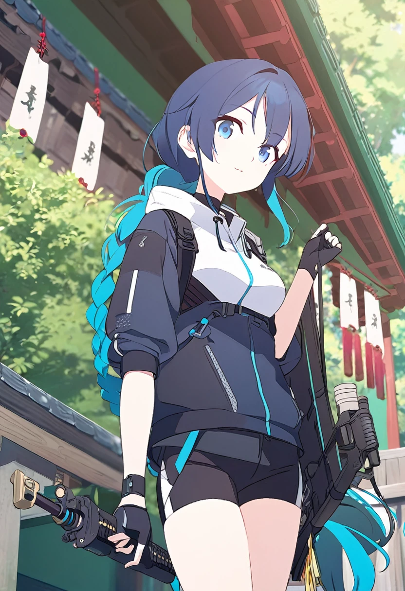 (One Girl,azure hair,Hairstyle: braided ponytail, pale blue eyes,Medium chest,Dynamic Angle)Techwear,Black shorts,A shrine with a green background,