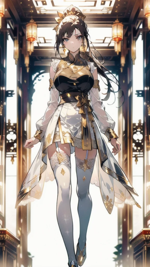 ((masterpiece, best quality)), Delicate face，Beautiful knight，gold，whole body，Long legs，Large Breasts，Gradient double ponytail，Perfect body proportions，漂亮的gold眼睛，Extremely beautiful，transparent， Pure white background，sexly，比基尼，Ribbon，Lace，Garter stockings