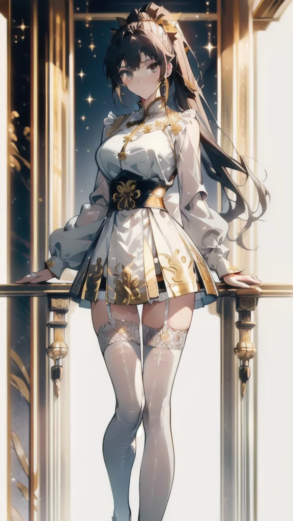 ((masterpiece, best quality)), Delicate face,Beautiful knight,gold,whole body,Long legs,Large Breasts,Gradient double ponytail,Perfect body proportions,漂亮的gold眼睛,Extremely beautiful,transparent, Pure white background,sexly,比基尼,Ribbon,Lace,Garter stockings