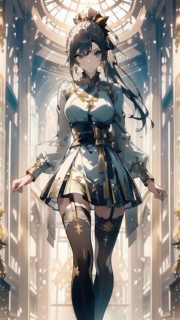 ((masterpiece, best quality)), Delicate face，Beautiful knight，gold，whole body，Long legs，Large Breasts，Gradient double ponytail，Perfect body proportions，漂亮的gold眼睛，Extremely beautiful，transparent， Pure white background，sexly，比基尼，Ribbon，Lace，Garter stockings