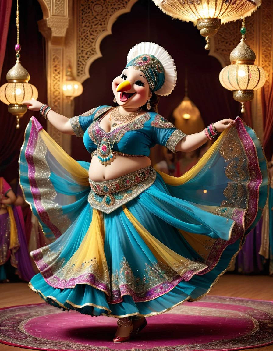photorealistic portrait of Dressed animals - a ((fat)) ((turkey)) dancer,(furry), (dynamic dancing:2.0), (swinging arms :2.0),(happy smile:1.5),high quality,(happy),(lovely) ,intricate details, (sheer veil), highly detailed (( gypsy belly dancing clothes)) ,highly detailed decorations of clothes, Wearing gypsy belly dancing clothes, , (happy), soft lighting,(full body image:1.5),Arabian palace background,(),