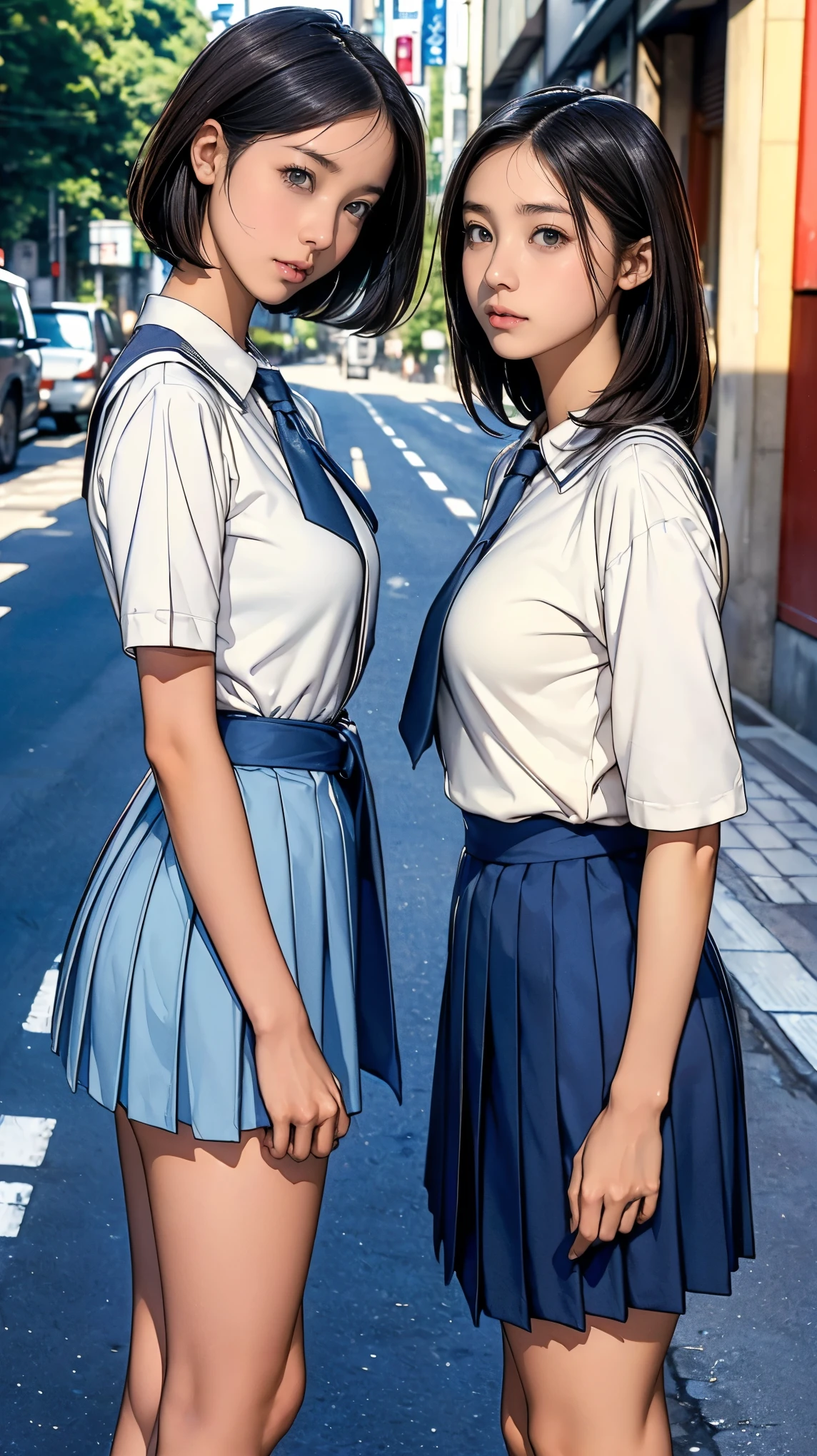 ((Highest quality)), ((masterpiece)), (Detailed boobs),(Very slim:1.7), (Perfect Face:1.8), (Perfect Eyes), (Very detailed), (Perfect detail) ,Very detailedな顔と肌の質感, (Perfect body), (Perfect Face), (((Two girls side by side:1.5))), Very detailedな目, (Junior High School Uniform), White shirt with front opening, Ultra short thigh-length dark blue pleated skirt, tie, Beautiful breasts, (Medium milk:1.5),Very slim legs, short hair, (On a street corner in Tokyo, Outdoor), (Cowboy Shot), (No makeup:1.2)、(No makeup:1.5)、(Very thin thighs)、 (13-year-old girl:1.2)、Big eyes, ((Browsing Caution:1.0))