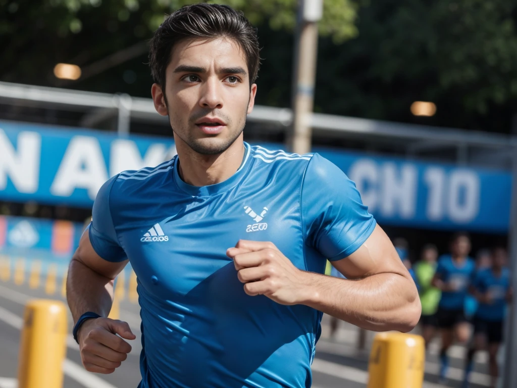 I want a handsome 30 year old Brazilian man running in a marathon with a blue shirt. 30 years old