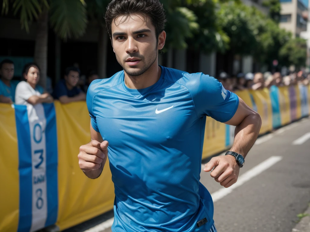 I want a handsome 30 year old Brazilian man running in a marathon with a blue shirt. 30 years old 