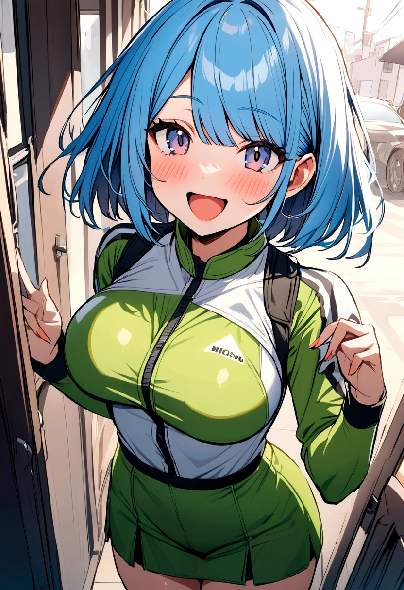 michirutojo, masterpiece, Looking at Viewer,
blue hair, large breasts,

racing suit,
Wink, Smile, Open mouth, blush,see-throughminiskirt