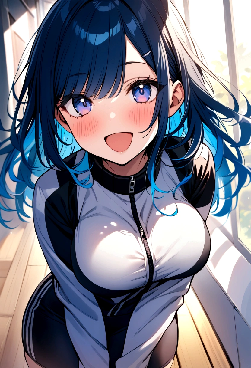 michirutojo, masterpiece, Looking at Viewer,
blue hair, large breasts,
racing suit,
Wink, Smile, Open mouth, blush,see-throughminiskirt