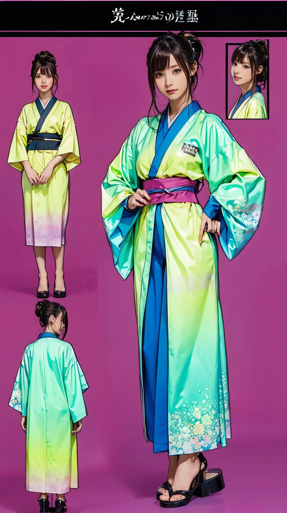 ((masterpiece)),(((Highest quality))),((Character design sheet)),Thin thighs,Long legs,masterpiece, Colorful Japanese Kimono, woman, 30 years old, 