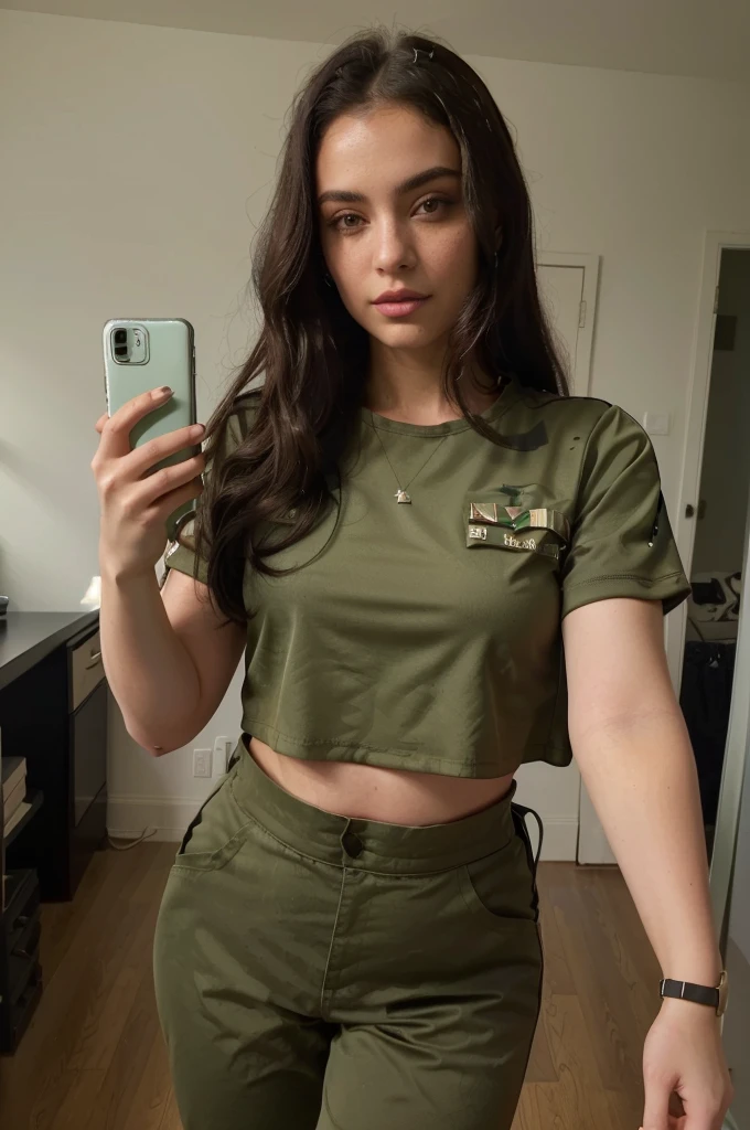 arafed woman taking a selfie in a green crop top, wearing military outfit, military outfit, wearing a sexy cropped top, army girl outfit, outfit photo, wearing crop top, 2 4 year old female model, military girl, crop shirt, slightly pregnant, half body cropping, physical : midriff, with two front pockets, wide hips