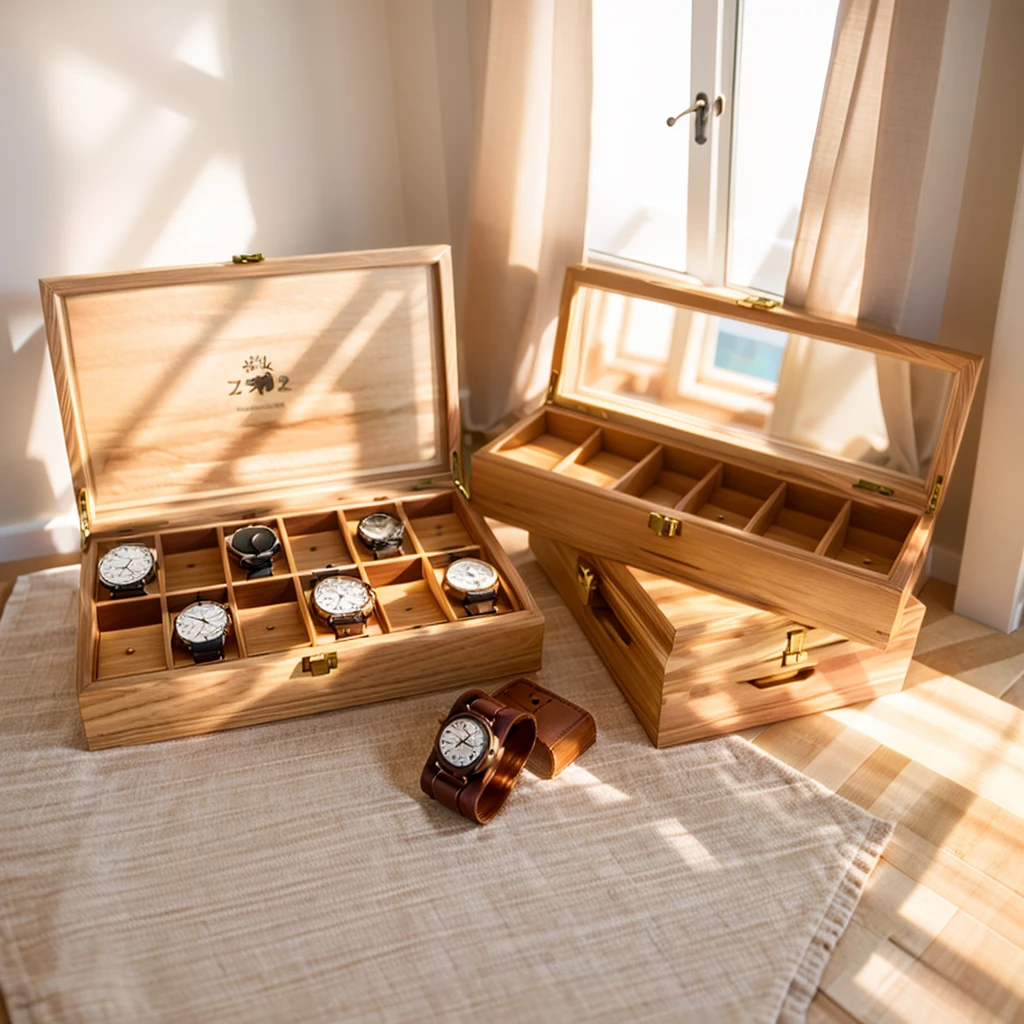 In this cozy room,A ray of sunlight shone through the half-drawn curtains on the table,Let the wood grain on the watch storage box shine with a faint luster。There was a calm and peaceful atmosphere in the air around them。There are several still lifes hanging on the walls of the room,It adds a touch of elegance to the space。And on the other side of the room,The half-open window lets in the breeze,The pages on the small desk by the window turned in the wind,This quiet scene gives a sense of tranquility and comfort。