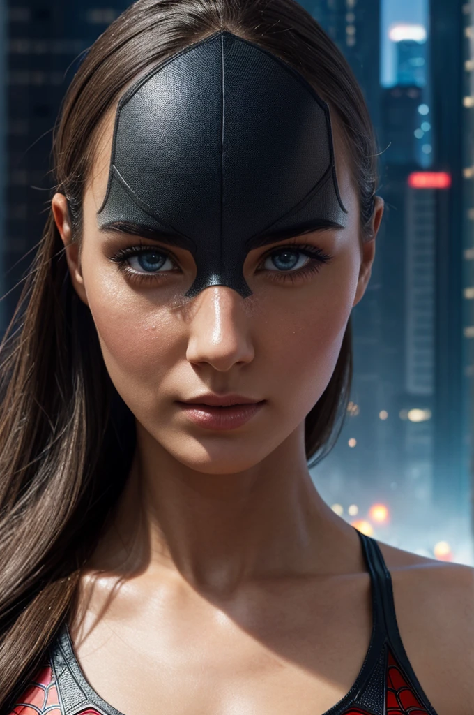 (1girl:1.3), Solo, (((Very detailed face)))), ((Very detailed eyes and face)))), Beautiful detail eyes, Body parts__, Official art, Unified 8k wallpaper, Super detailed, beautiful and beautiful, beautiful, masterpiece, best quality, original, masterpiece, super fine photo, best quality, super high resolution, realistic realism, sunlight, full body portrait, amazing beauty, dynamic pose, delicate face, vibrant eyes, (from the front), She wears Spider-Man suit, red and black color scheme, spider, very detailed city roof background, rooftop, overlooking the city, detailed face, detailed complex busy background, messy, gorgeous, milky white, highly detailed skin, realistic skin details, visible pores, clear focus, volumetric fog, 8k uhd, DSLR, high quality, film grain, fair skin, photo realism, lomography, futuristic dystopian megalopolis, translucent