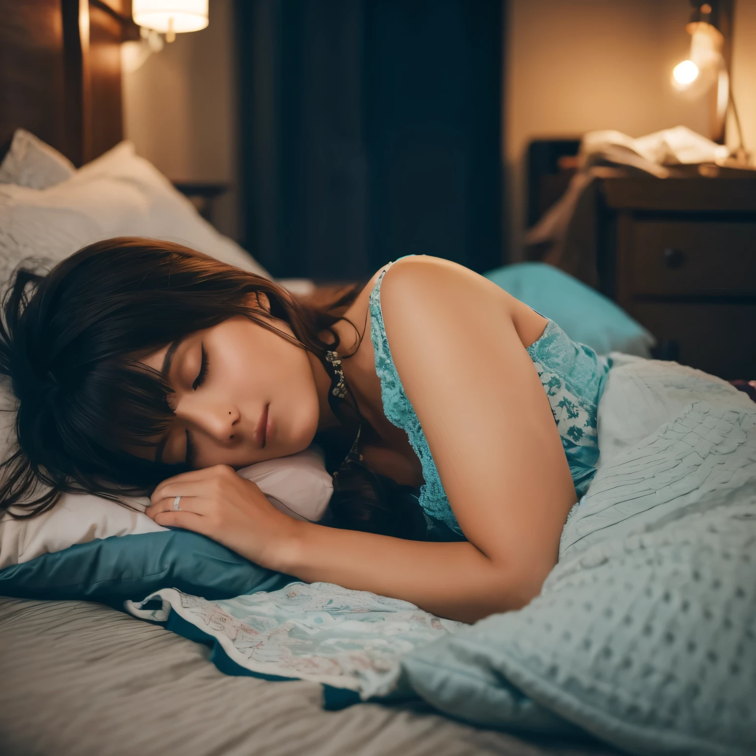 Girl sleeping on bed at midnight。