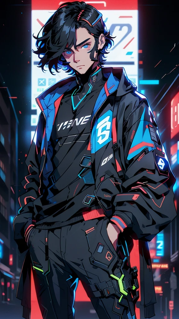 programmer boy, black hair, red ombre, cute face, short hair, high definition, master peace, sexy, jacket, blue eyes, night, neon, male