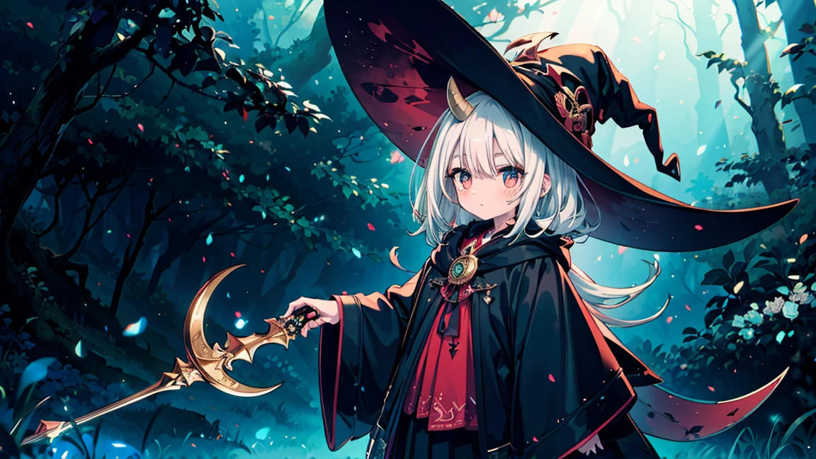 (masterpiece), best quality, Very detailed, A Magus girl with white hair holdding a magical sickle, Witch Hat, Huge Horn, Ruffled skirt, Red and black clothing, sickle, Magic Light, The background is a dark forest