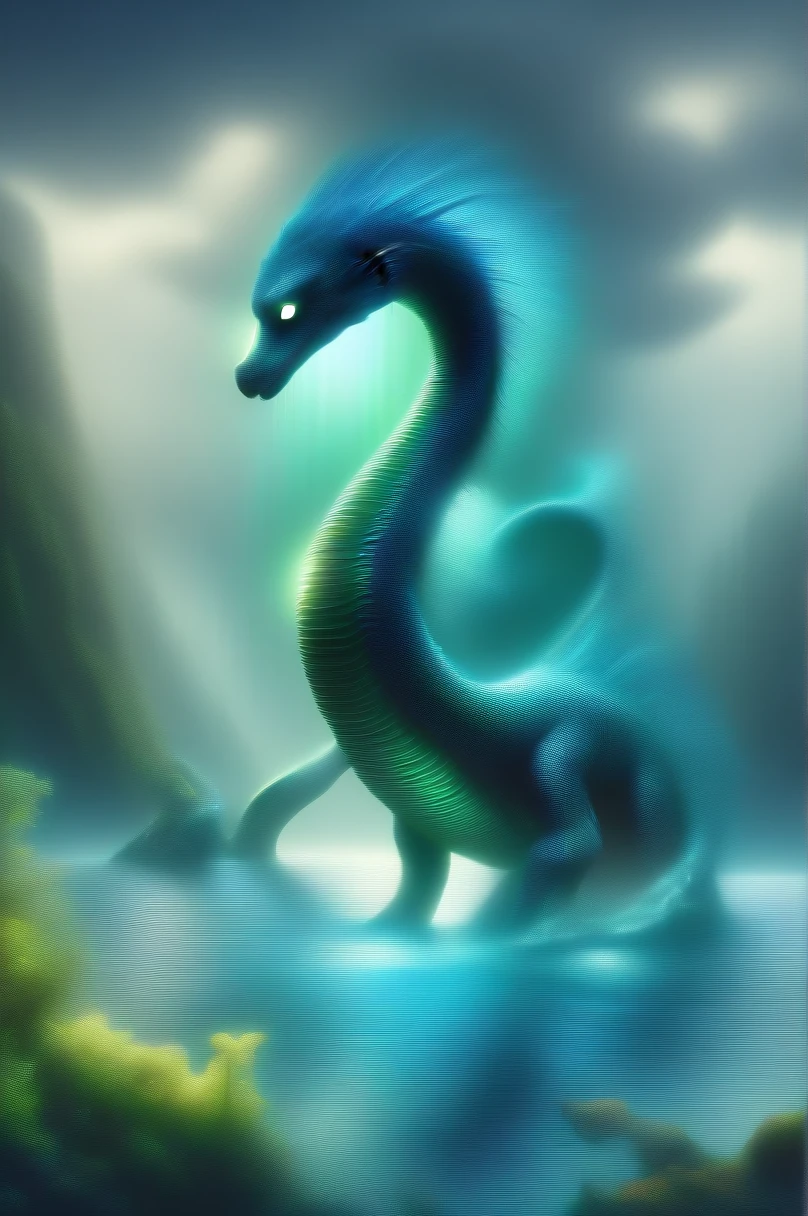 awesome quality, dynamic, nessie, cute green cryptid iconic elusive plesiosaur like creature, loch ness, large long necked aquatic being, thoughtful  