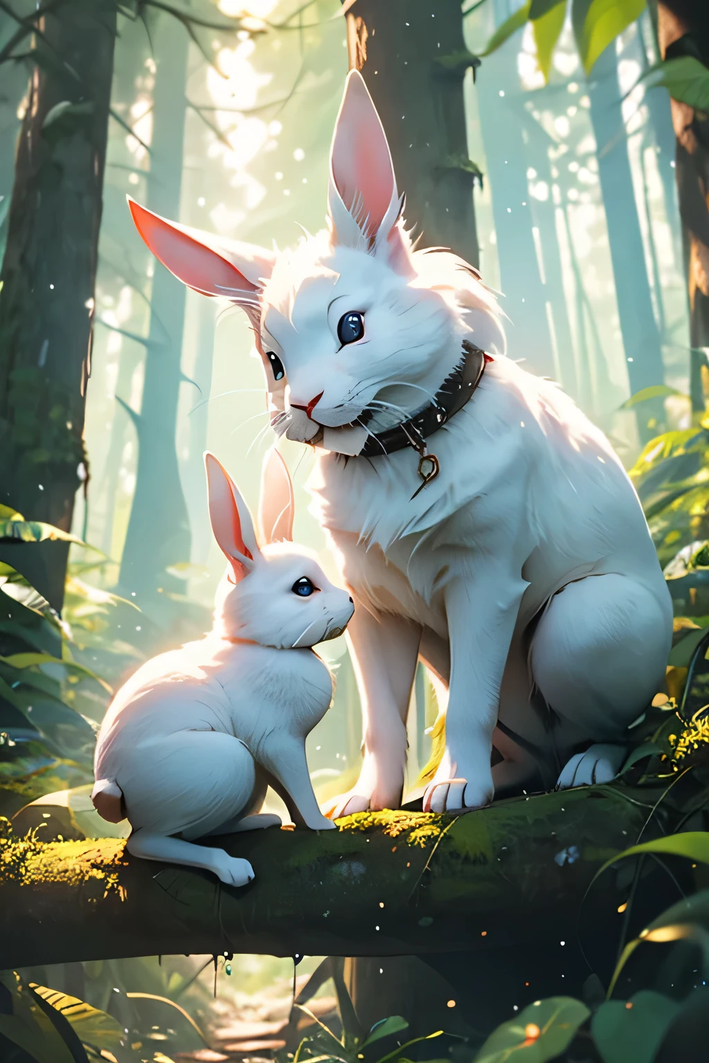 In the forest,A small white rabbit,She cried in front of the camera