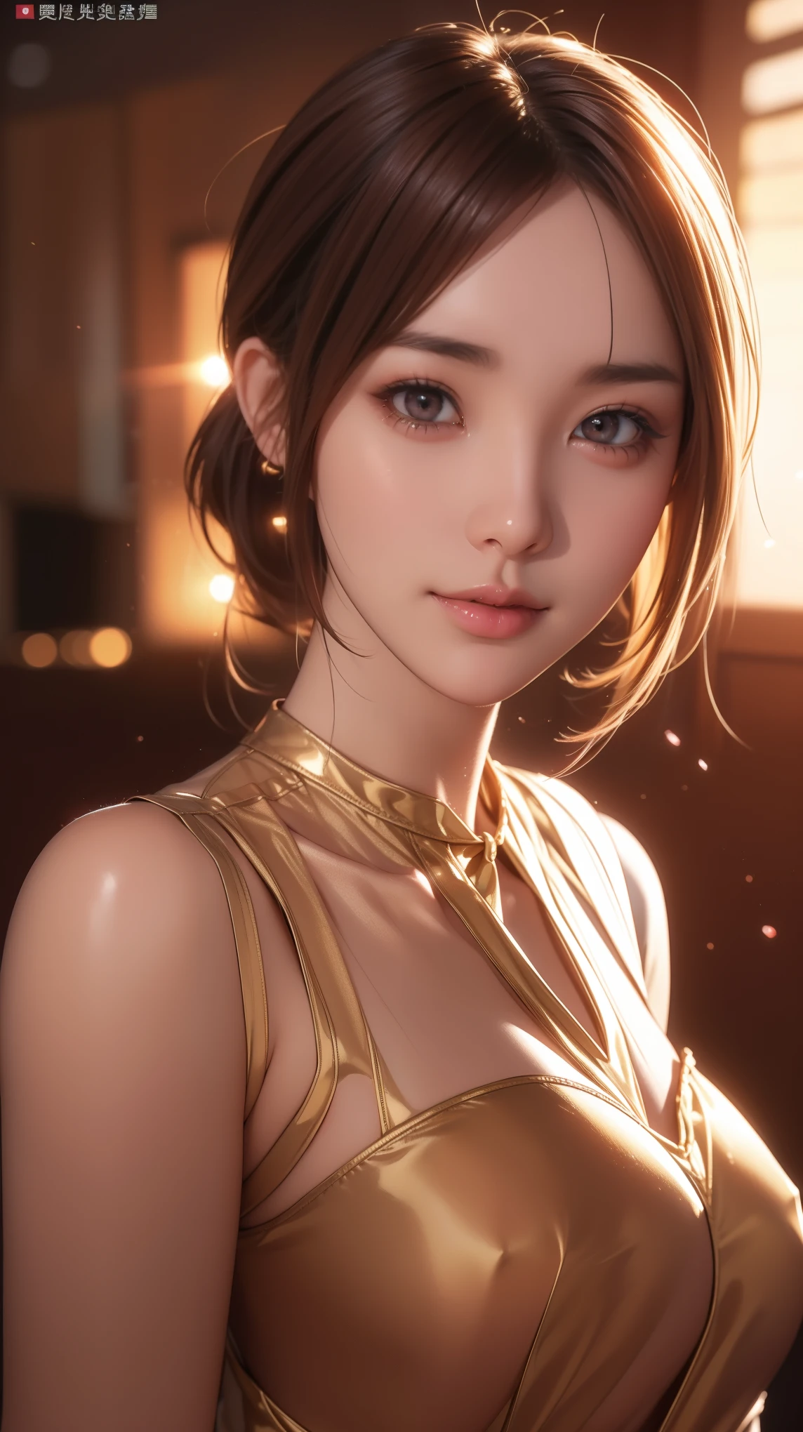 (((8K hyperrealistic, HDR10+, Dolby Vision, cinematic, dramatic golden ratio))), (((Korean girl))), (((front view, closeup body, looking to viewer, front body view))), medium short hair. Dressed well like mafia. Sunset city background