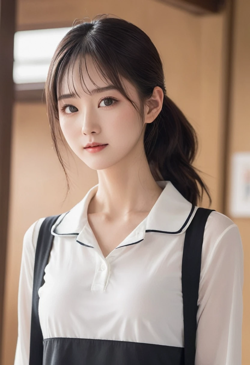 Human tights, undercut hairstyle, (turn around and look), (Look at the camera), (Looked up), (High quality 16K anime), (Tall stature), Sweating,Delicate skin,(((Quiet smile))), (Photorealism), masterpiece, best quality, portrait, Decent shirt(Realistic beautiful asians), Close up and soften everything, spotlight, (皮肤overtake白:1.4), golden make-up, Sharp focus, Detailed anatomy, overtake精彩的脸部细节, 19 years old, White shirt, 拥有一张overtake可爱的日韩台青年偶像脸, (overtake细致的眼睛), (overtake细致的皮肤), overtake级湿润多汁性感柔软的嘴唇, Soft Light, Perfect Yaoyao face, lifelike, (Correct finger), The light is bright, overtake极简风格: Practical, Photorealism, photography, (Black web collar that tightens the neck:1.9), (Very strong physique:1.9), ((((((overtake)))))), Single Ponytail, (Pretty Face:1.9), (((wearing wet white and shirt))), (Extremely detailed face:1.9), Placed in the center of the temple), 、 Raise your hand, No trace, , spark, Female Head, (Integrate with plump body), The light is bright, Perfect hands, The fox spirit in the body, The fox's mind controls this body, The fox soul in this body, A smile, Thin eyebrows, Huge weapon with Kitagawa Keiko,(((((hazy))))),