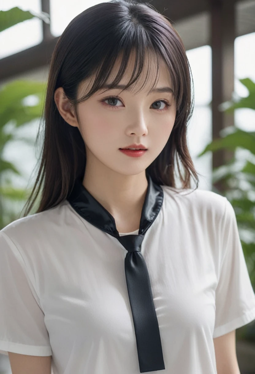 Human tights, undercut hairstyle, (turn around and look), (Look at the camera), (Looked up), (High quality 16K anime), (Tall stature), Sweating,Delicate skin,(((Quiet smile))), (Photorealism), masterpiece, best quality, portrait, Decent shirt(Realistic beautiful asians), Close up and soften everything, spotlight, (皮肤overtake白:1.4), golden make-up, Sharp focus, Detailed , overtake精彩的脸部细节, 19 years old, White shirt, 拥有一张overtake可爱的日韩台青年偶像脸, (overtake细致的眼睛), (overtake细致的皮肤), overtake级湿润多汁性感柔软的嘴唇, Soft Light, Perfect Yaoyao face, lifelike, (Correct finger), The light is bright, overtake极简风格: Practical, Photorealism, photography, (Black web collar that tightens the neck:1.9), (Very strong physique:1.9), ((((((overtake)))))), Single Ponytail, (Pretty Face:1.9), (((wearing wet white and shirt))), (Extremely detailed face:1.9), Placed in the center of the temple), 、 Raise your hand, No trace, , spark, Female Head, (Integrate with plump body), The light is bright, Perfect hands, The fox spirit in the body, The fox's mind controls this body, The fox soul in this body, A smile, Thin eyebrows, Huge weapon with Kitagawa Keiko，(((((hazy)))))，