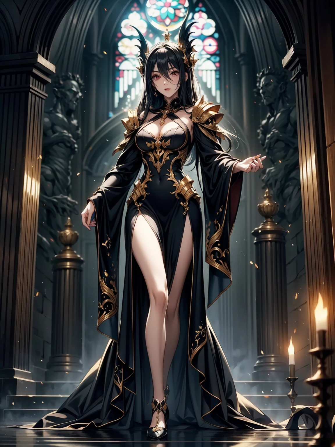 absurdres, RAW photo, extremely delicate and beautiful, masterpiece, Best Quality, ultra high resolution, 32k, hyperrealistic, ultra-detailed, perfect anatomy, anatomically correct, perfect figure, Perfect Style, Perfect balance, super Detailed skin, in her 30s, very Slim body, narrow waist, very small head, very small face, delicate facial features, handsome detailed woman, very detailed eyes and face, realistic face proportions, Realistic beautiful face, Realistic beautiful eyes, tearful mole, earring, big tits, full body shot, bare legs, medium hair, indoor, Legendary Pirate costume, Practical pirate clothing, Long-sleeved pirate top, Skirt, shirt, Torn pirate hat, 