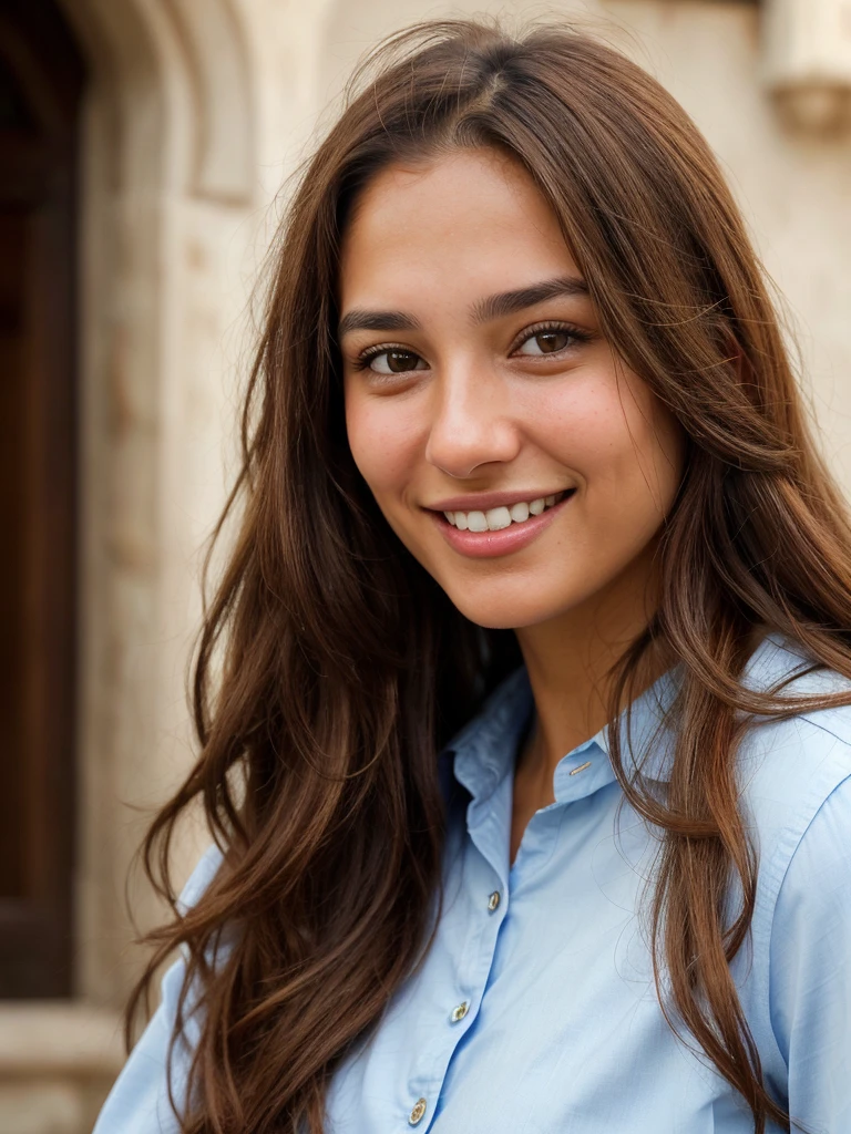 a photo-realistic portrait of a beautiful Palestinian woman with long brown hair, blue shirt, white teeth, and a cute smile, with highly detailed and realistic facial features, modest expression, and realistic white skin tone