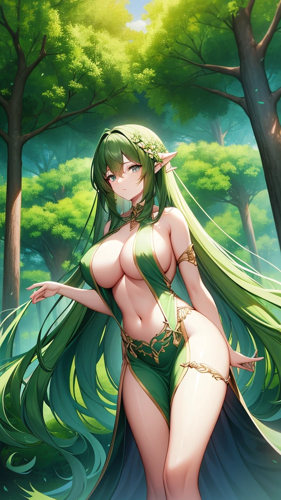 Stunning Masterpiece, Lush Landscape, ((Best Quality)), lush greenery, large-breasted dryad, slender waist, long flowing hair cascading down to conceal her ample bosom, ((unripe fruit)) hanging from the tree, thin silhouette against the backdrop of the towering tree, surrounded by a mystical forest, ethereal and captivating, elongated hair extensions intertwined with leaves and petals, ((high resolution)) Ultra HD Wallpaper.