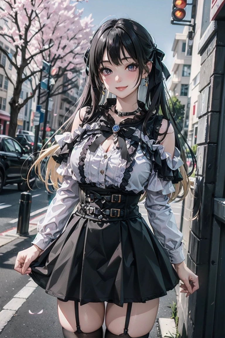 masterpiece, best quality, highres, hs1, light purple eyes, huge butt, wide hips, thick thighs upskirt, long sleeves, cleavage, long blonde hair, pink cardigan, black thighhighs, plaid skirt, red ribbon, garter straps, , outdoors, cowboy shot, standing, smile, panty peek, floral print pink panties, looking at viewer, thick thighs, jirai kei, ear piercings, street view, sakura