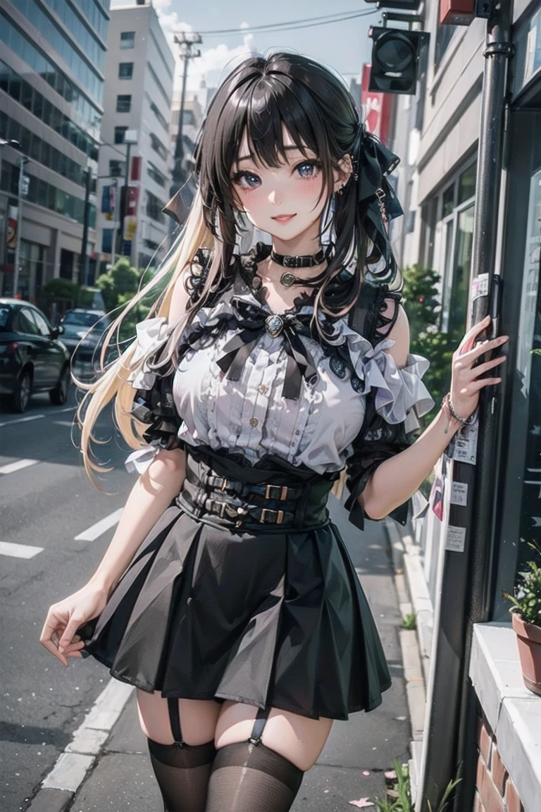 masterpiece, best quality, highres, hs1, light purple eyes, huge butt, wide hips, thick thighs upskirt, long sleeves, cleavage, long blonde hair, pink cardigan, black thighhighs, plaid skirt, red ribbon, garter straps, , outdoors, cowboy shot, standing, smile, panty peek, floral print pink panties, looking at viewer, thick thighs, jirai kei, ear piercings, street view, sakura