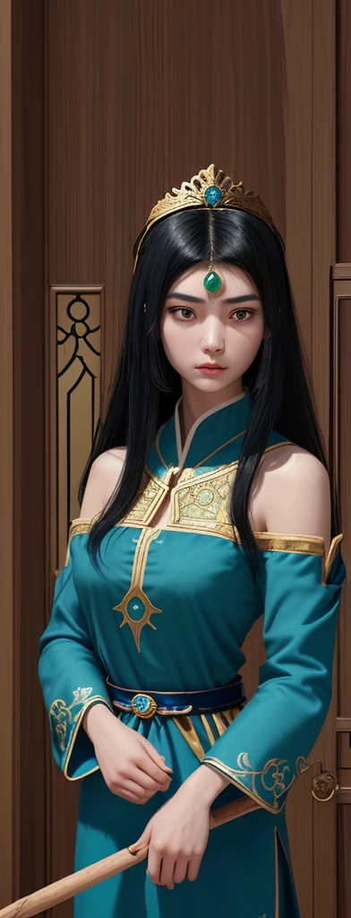 An oriental girl with a round face.
Her jet black hair is cut above her shoulders..
He wears a blue tunic with gold embroidery on the sleeves and bottom..
He wears a diadem with a green gem on his forehead and in his hand he carries a staff with a bluish crystal at the top..
In the background you can see the double reinforced wooden doors of some stone construction.