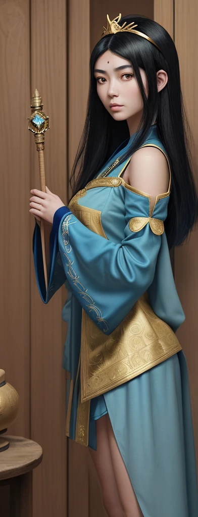 An oriental girl with a round face.
Her jet black hair is cut above her shoulders..
He wears a blue tunic with gold embroidery on the sleeves and bottom..
He wears a diadem with a green gem on his forehead and in his hand he carries a staff with a bluish crystal at the top..

In the background you can see the double reinforced wooden doors of some stone construction. 