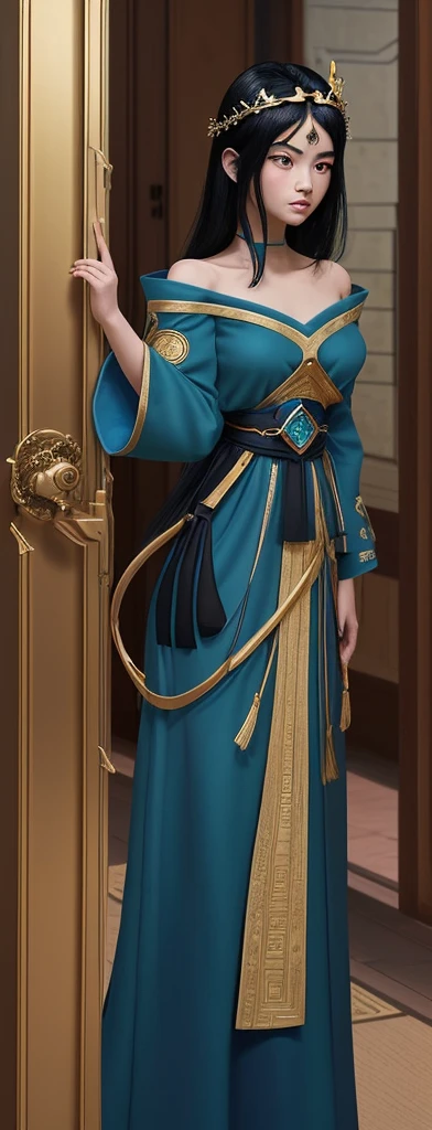 An oriental girl with a round face.
Her jet black hair is cut above her shoulders..
He wears a blue tunic with gold embroidery on the sleeves and bottom..
He wears a diadem with a green gem on his forehead and in his hand he carries a staff with a bluish crystal at the top..

In the background you can see the double reinforced wooden doors of some stone construction. 