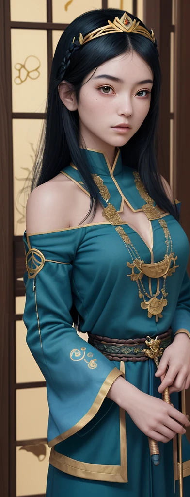 An oriental girl with a round face.
Her jet black hair is cut above her shoulders..
He wears a blue tunic with gold embroidery on the sleeves and bottom..
He wears a diadem with a green gem on his forehead and in his hand he carries a staff with a bluish crystal at the top..

In the background you can see the double reinforced wooden doors of some stone construction. 