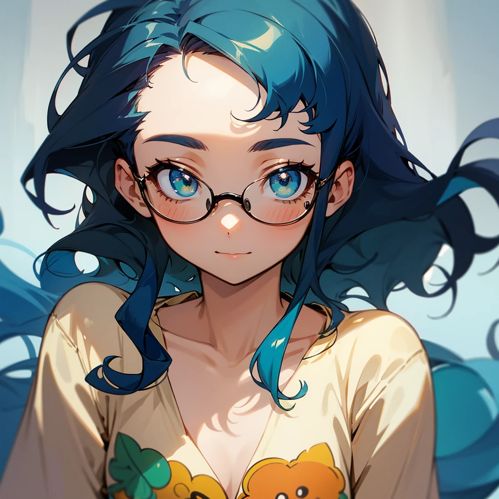 Beautiful girl, 20 years old, perfect anatomy, cute and gorgeous face, calm expression, litttle smile, flushed expression, with a disheveled appearance as if she had just woken up and with a curious look, beautiful eyes, green eyes, wears glasses, dark blue wavy hair, dark blue hair, short hair, wears a pajama, small breast, anime style.