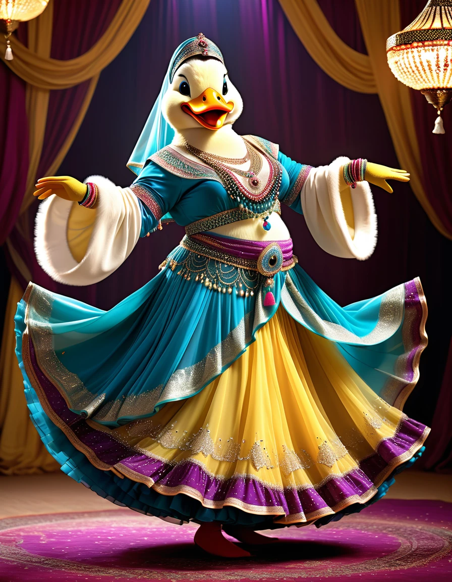 photorealistic portrait of Dressed animals - a ((fat)) ((duck)) dancer,(furry), (dynamic dancing:2.0), (swinging arms :2.0),(happy smile:1.5),high quality,(happy),(lovely) ,intricate details, (sheer veil), highly detailed (( gypsy belly dancing clothes)) ,highly detailed decorations of clothes, Wearing gypsy belly dancing clothes, , (happy), soft lighting,(full body image:1.5),Arabian palace background,(),