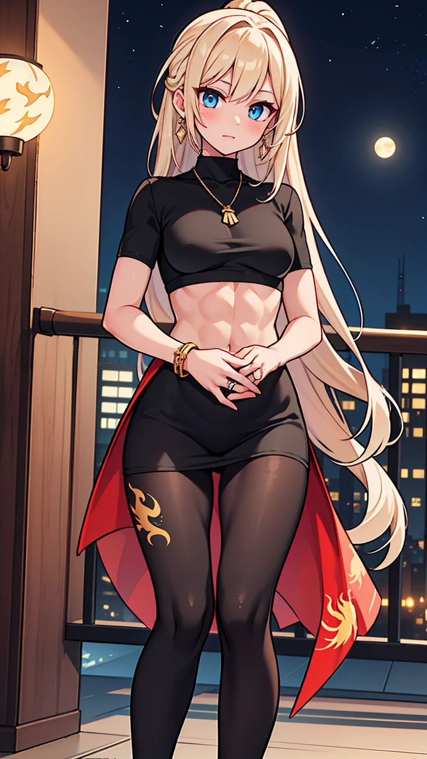 Beautiful woman with long straight ponytail blond hair with blue eyes wearing a Black Tight Leggings With Golden Dragon Prints, a Red Sexy Criss Cross Mock Neck Short Sleeves Dress With Phoenix Prints, luxurious jewelry and a luxurious necklace, 18k gold wedding ring on left hand, standing in a balcony at night of full moon, (caucasian skin), (light brown lipstick), (elegant mascara), (slim body with abs), (small breasts), (wide hips), midjourney, <lora:GoodHands-, <lora:GoodLegs-, UHD, high resolution, (masterpiece:1.1, best quality), (expressive eyes, perfect face, full body, expressive face, perfect body, perfect pussy, athletic, fit, slim body, blushing, Perfect makeup, eyeliner, beautiful eyelashes, smiling, horny face), ((best illumination, best shadows)), ((sexy pose))