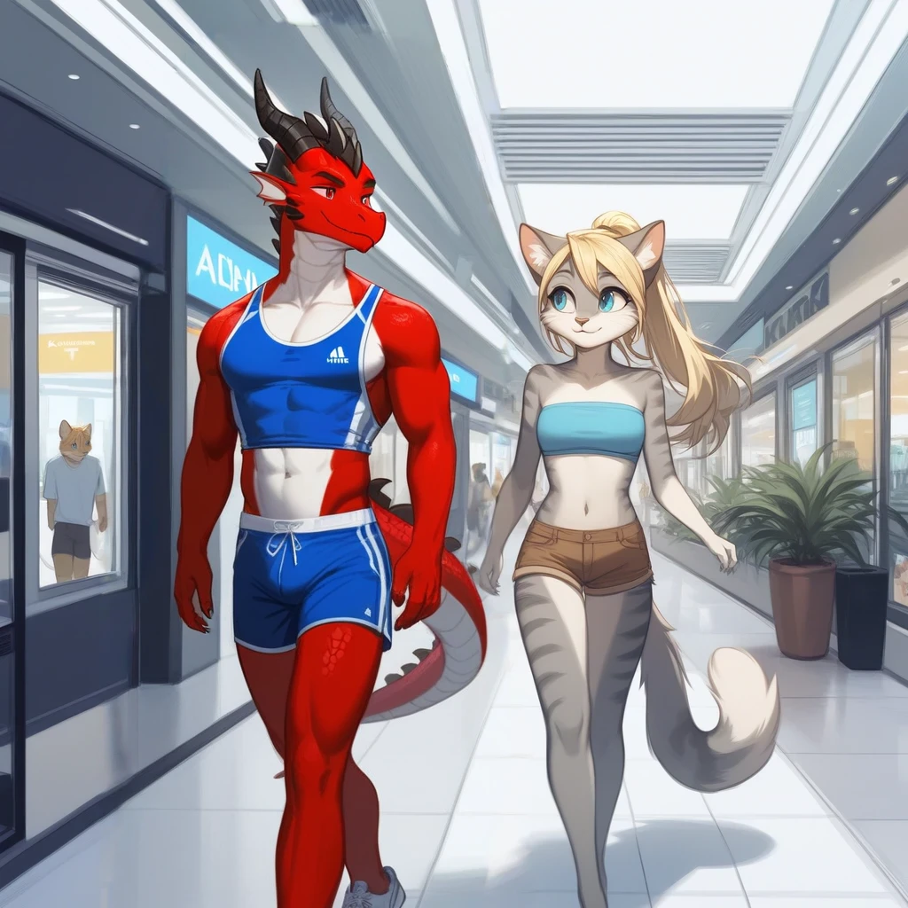 Score_9, score_8_up, an anthro dragon male, tall, athletic body, black dragon male, (black scaley body), red eyes, he is wearing a blue sports jersey and brown khaki shorts with white sneakers, walking in a strip mall, looking to his left at other character,