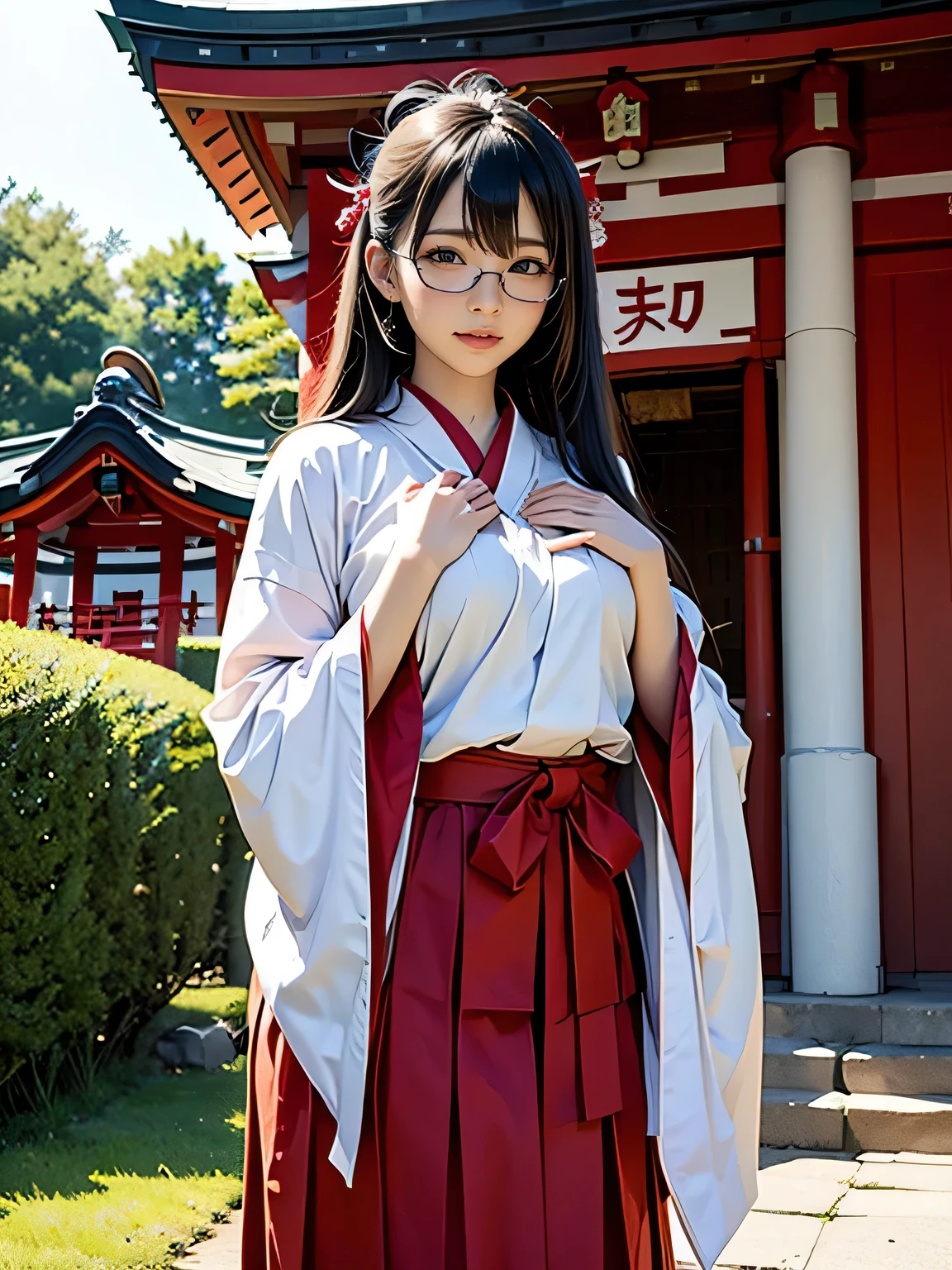 shrine maiden、Crimson too、Shrine maiden attire、ceremony、shrine、within the territory、Long Hair、beautiful girl、Clear Skin、Oracle、The chest is slightly open、cowboy shot,shrine maiden outfit,red skirt,Glasses、