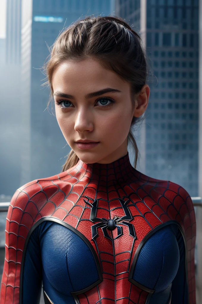 (1girl:1.3), Solo, (((Very detailed face)))), ((Very detailed eyes and face)))), Beautiful detail eyes, Body parts__, Official art, Unified 8k wallpaper, Super detailed, beautiful and beautiful, beautiful, masterpiece, best quality, original, masterpiece, super fine photo, best quality, super high resolution, realistic realism, sunlight, full body portrait, amazing beauty, dynamic pose, delicate face, vibrant eyes, (from the front), She wears Spider-Man suit, red and black color scheme, spider, very detailed city roof background, rooftop, overlooking the city, detailed face, detailed complex busy background, messy, gorgeous, milky white, highly detailed skin, realistic skin details, visible pores, clear focus, volumetric fog, 8k uhd, DSLR, high quality, film grain, fair skin, photo realism, lomography, futuristic dystopian megalopolis, translucent