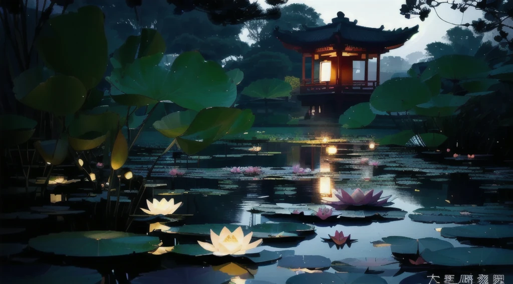 Many water lilies floating in the pond，A pagoda in the background, Beautiful Lights, Evening Lantern, peaceful evening atmosphere, peaceful lighting, author：Ju Lian, author：Ma Yuanyu, lantern, Wuzhen, Beautiful Ambience, Peaceful atmosphere, Beautiful lighting, lotus, Quiet and peaceful atmosphere, Lantern, floating lights, peaceful beautiful numbers