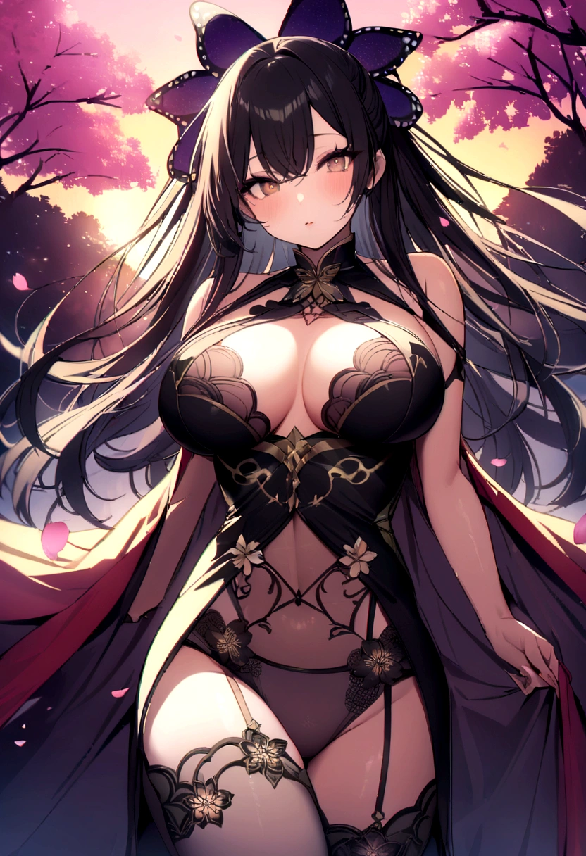 Shinobu Kocho's highly detailed and high-resolution masterpiece, Large Breasts、Beautiful yet terrifying dynamic action from the Demon Slayer Corps. The butterfly-themed costume features intricate detailing and、It accentuates the intense look on her face. Setting the sunset scene, A tranquil pond and cherry blossom petals in the background. Using rich colors and three-dimensional light、Expressing mysterious beauty and strength。See-through underwear