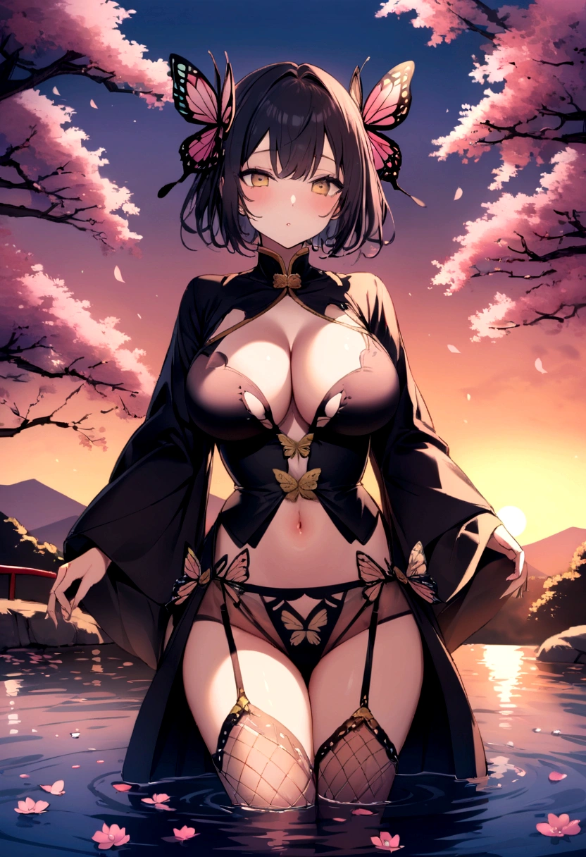 Shinobu Kocho&#39;s highly detailed and high-resolution masterpiece, Large Breasts、Beautiful yet terrifying dynamic action from the Demon Slayer Corps. The butterfly-themed costume features intricate detailing and、It accentuates the intense look on her face. Setting the sunset scene, A tranquil pond and cherry blossom petals in the background. Using rich colors and three-dimensional light、Expressing mysterious beauty and strength。See-through underwear