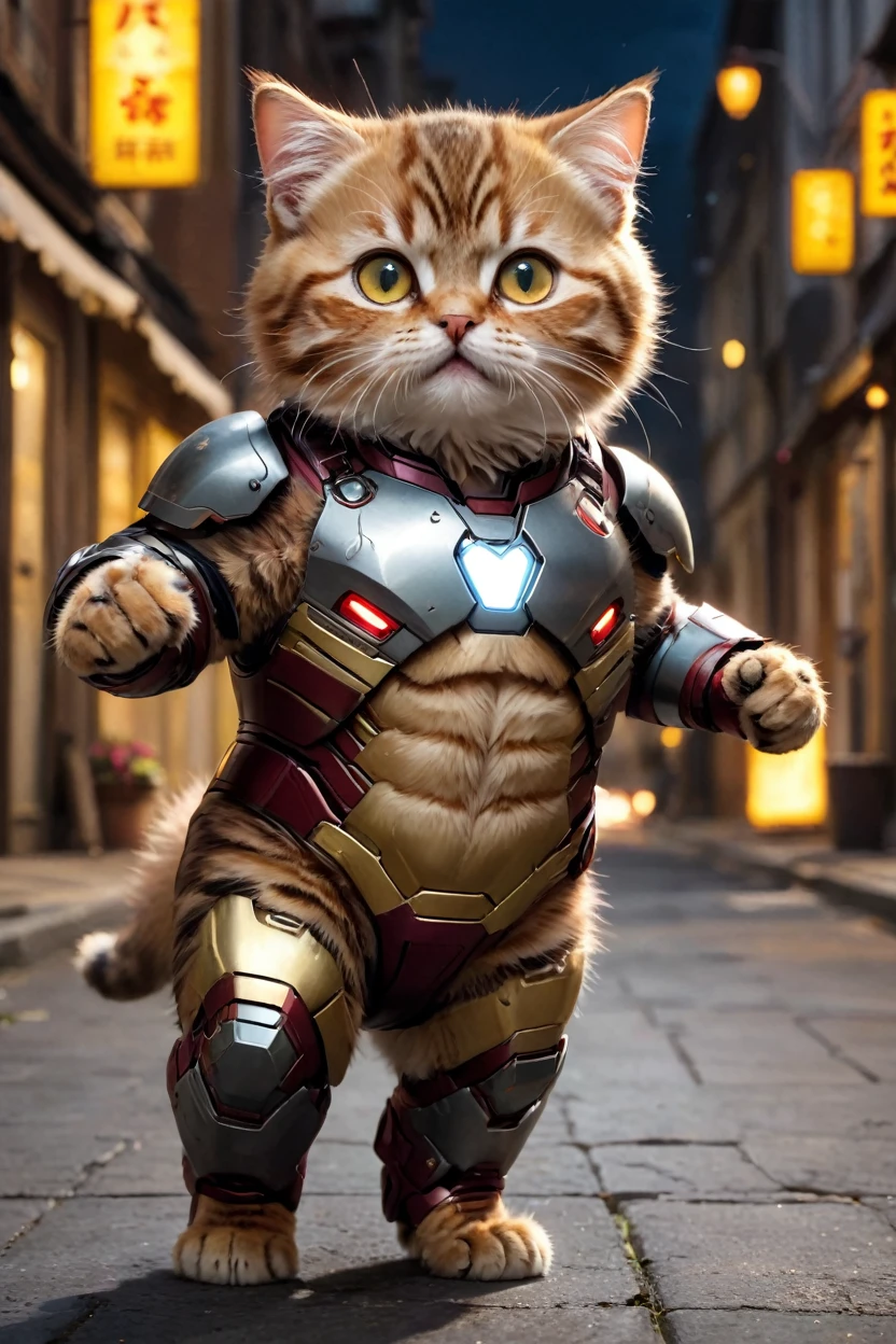 small, There are no humans in this world、The world of anthropomorphized cats、Wearing a full Iron Man suit、He flew over and landed with his right fist on the ground.、night、かわいいbornき物全身, Costumes,、 Fantasy art, Exquisite detail, An anthropomorphic, fat, furry tabby kitten with yellow eyes, Movie Scenes, Dramatic shot angles, , Realistic, born々Amazing cinematic photorealism, Action Portrait, 8K, detailed, Full Frame