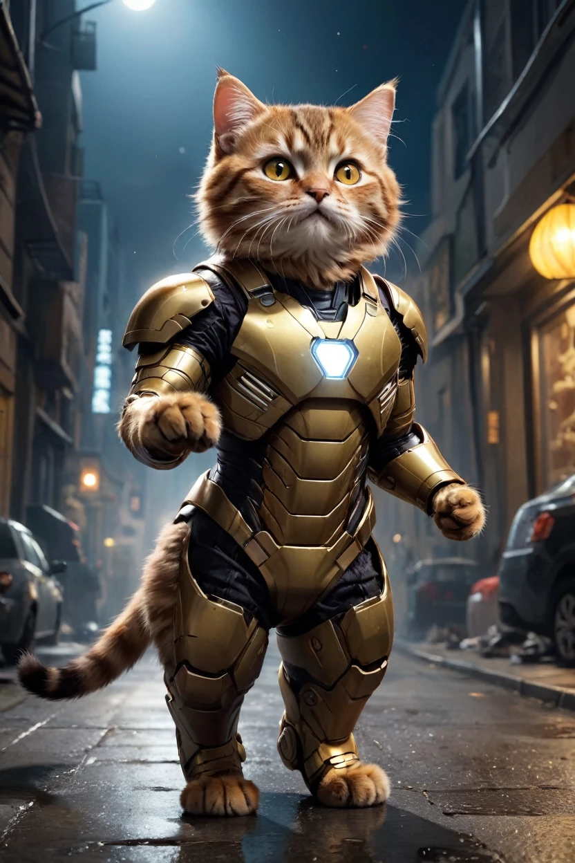 small, There are no humans in this world、The world of anthropomorphized cats、Wearing a full Iron Man suit、He flew over and landed with his right fist on the ground.、night、かわいいbornき物全身, Costumes,、 Fantasy art, Exquisite detail, An anthropomorphic, fat, furry tabby kitten with yellow eyes, Movie Scenes, Dramatic shot angles, , Realistic, born々Amazing cinematic photorealism, Action Portrait, 8K, detailed, Full Frame