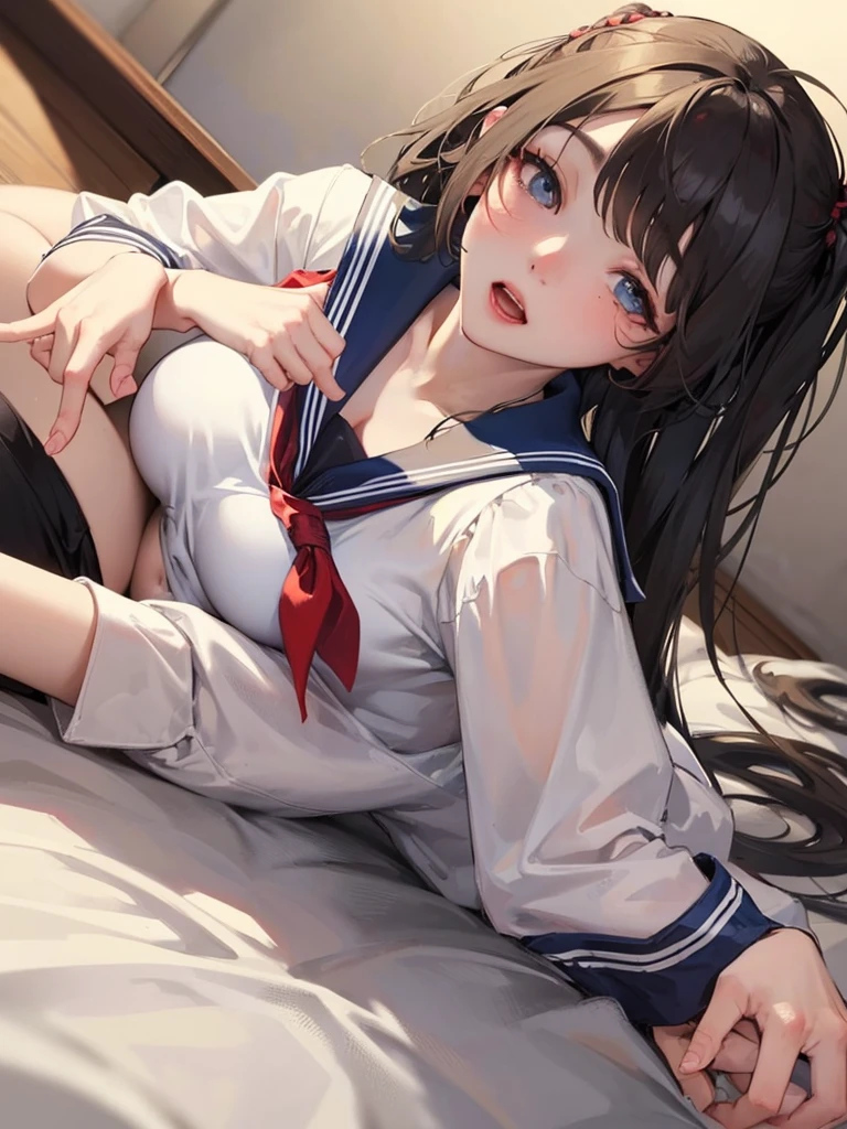 Girl with an erotic face、Panting、Sperm is being sprayed on the face、She is wearing a sexy open sailor uniform.、Sexy body,Erotic like a scene during sex
