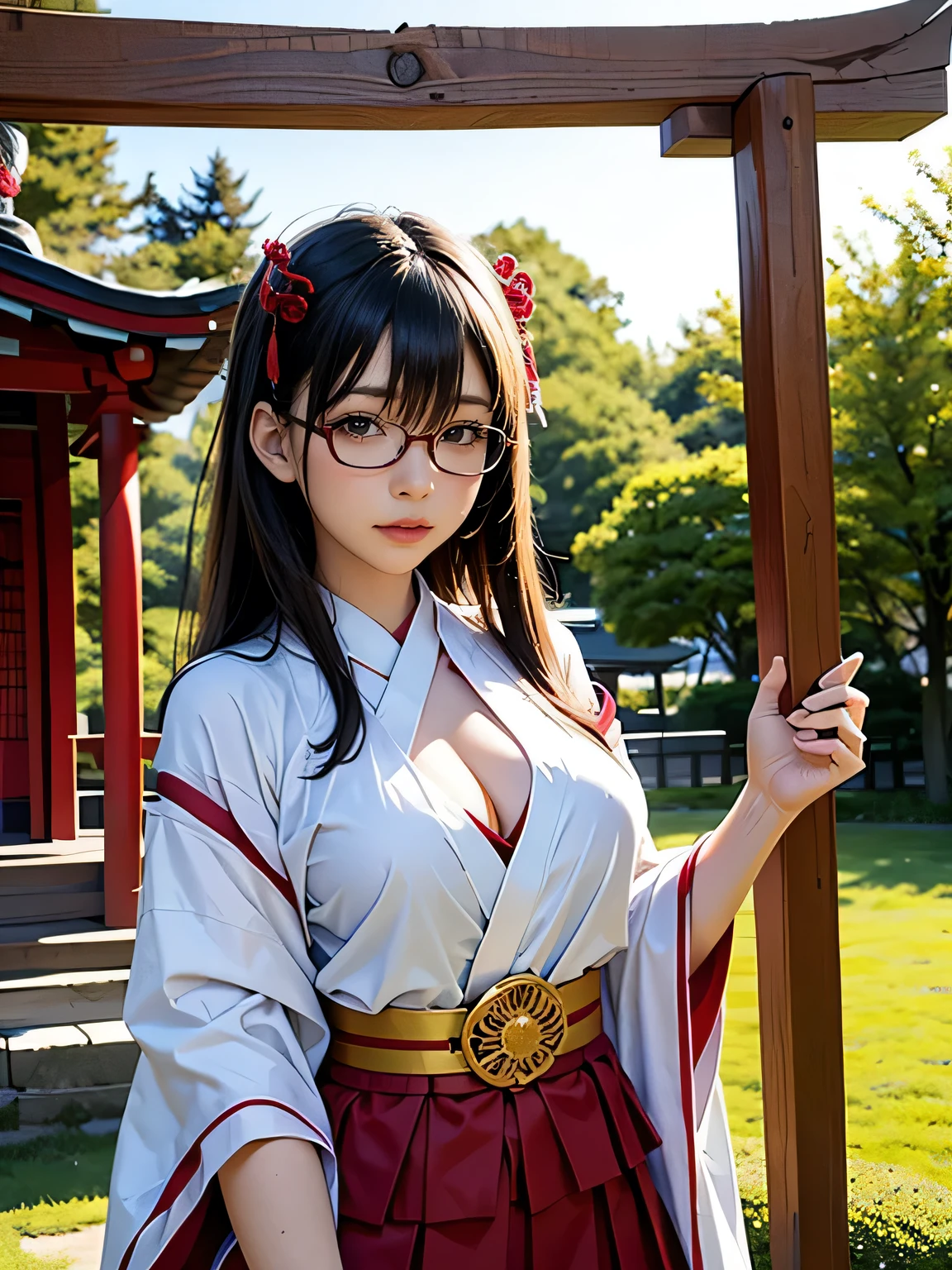 shrine maiden、Crimson too、Shrine maiden attire、ceremony、shrine、within the territory、Long Hair、beautiful girl、Clear Skin、Oracle、The chest is slightly open、cowboy shot,shrine maiden outfit,red skirt,Glasses、