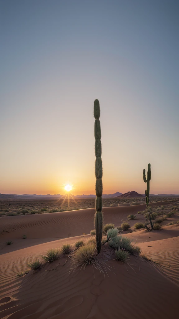 A storax plant growing in the desert. Beautiful sunset landscape with wonderful sun,Ultra-realistic Full HD 8k highly detailed. 