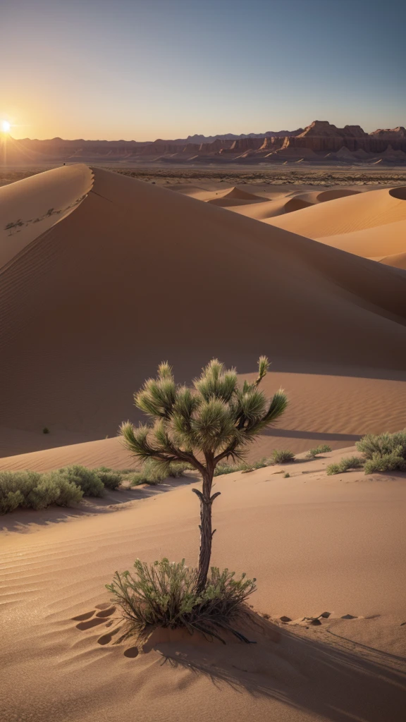 A storax plant growing in the desert. Beautiful sunset landscape with wonderful sun,Ultra-realistic Full HD 8k highly detailed.
