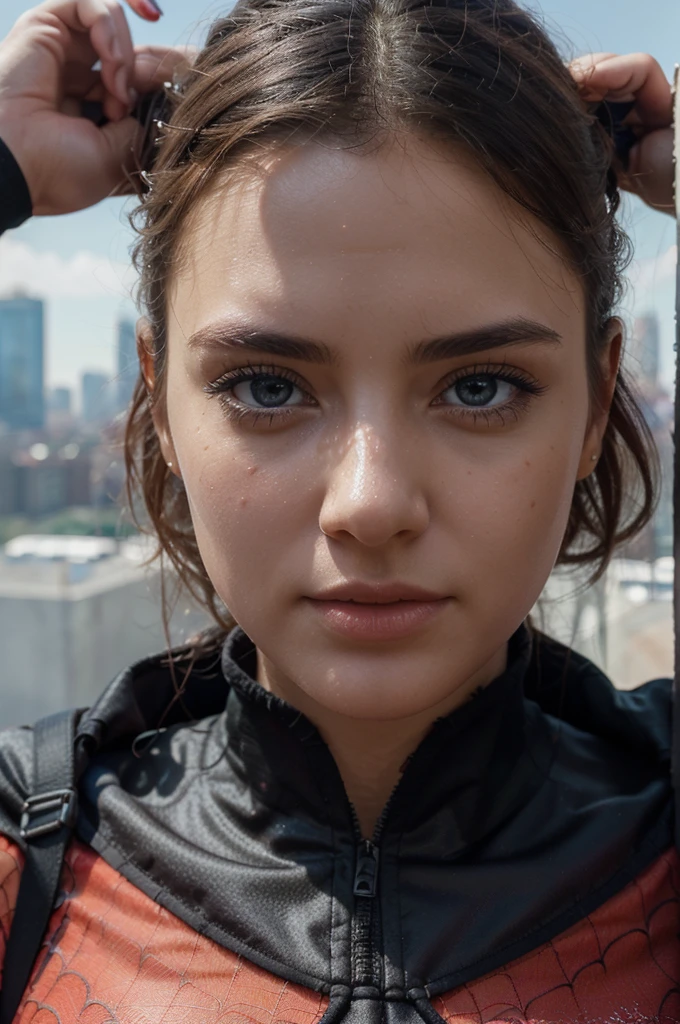 (1girl:1.3), Solo, (((Very detailed face)))), ((Very detailed eyes and face)))), Beautiful detail eyes, Body parts__, Official art, Unified 8k wallpaper, Super detailed, beautiful and beautiful, beautiful, masterpiece, best quality, original, masterpiece, super fine photo, best quality, super high resolution, realistic realism, sunlight, full body portrait, amazing beauty, dynamic pose, delicate face, vibrant eyes, (from the front), She wears Spider-Man suit, red and black color scheme, spider, very detailed city roof background, rooftop, overlooking the city, detailed face, detailed complex busy background, messy, gorgeous, milky white, highly detailed skin, realistic skin details, visible pores, clear focus, volumetric fog, 8k uhd, DSLR, high quality, film grain, fair skin, photo realism, lomography, futuristic dystopian megalopolis, translucent