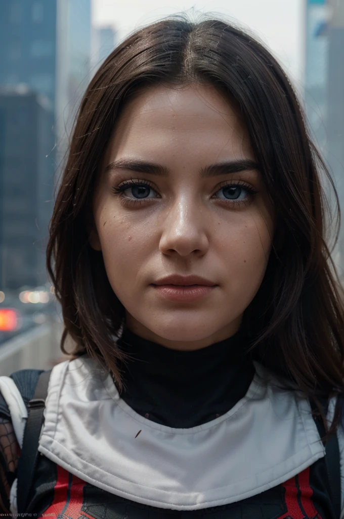 (1girl:1.3), Solo, (((Very detailed face)))), ((Very detailed eyes and face)))), Beautiful detail eyes, Body parts__, Official art, Unified 8k wallpaper, Super detailed, beautiful and beautiful, beautiful, masterpiece, best quality, original, masterpiece, super fine photo, best quality, super high resolution, realistic realism, sunlight, full body portrait, amazing beauty, dynamic pose, delicate face, vibrant eyes, (from the front), She wears Spider-Man suit, red and black color scheme, spider, very detailed city roof background, rooftop, overlooking the city, detailed face, detailed complex busy background, messy, gorgeous, milky white, highly detailed skin, realistic skin details, visible pores, clear focus, volumetric fog, 8k uhd, DSLR, high quality, film grain, fair skin, photo realism, lomography, futuristic dystopian megalopolis, translucent