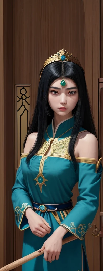 An oriental girl with a round face.
Her jet black hair is cut above her shoulders..
He wears a blue tunic with gold embroidery on the sleeves and bottom..
He wears a diadem with a green gem on his forehead and in his hand he carries a staff with a bluish crystal at the top..
In the background you can see the double reinforced wooden doors of some stone construction.
