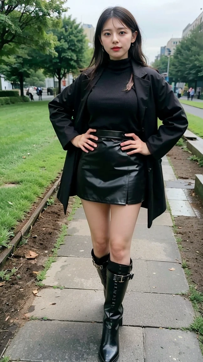 (8K、RAW Photos、Highest quality、masterpiece:1.2)、(Realistic、Realistic)、1 Girl、((Black coat、one piece、Black mini skirt、boots、Big Breasts、whole body、garden、View from the front、Looking into the camera、Stand with one hand on your hip))、
